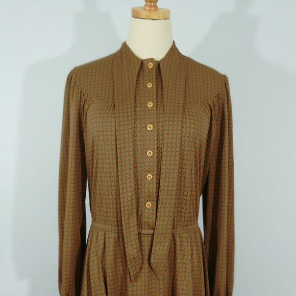 VINTAGE High Neck Tie Up Button Midi Long Dress - Picture 3 of 16